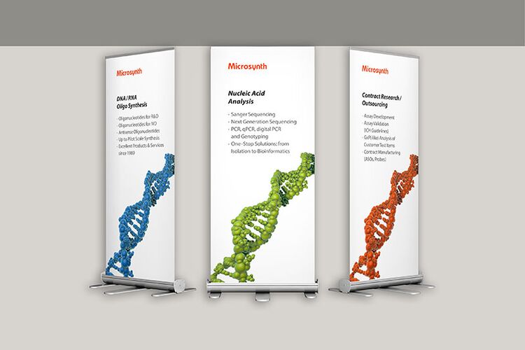 Kunde Microsynth AG, Rollups von drei Geschäftsbereichen mit farbigen DNA-Strängen